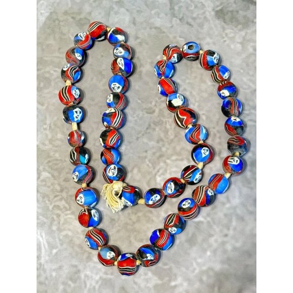 Vintage Millefiori Ghost Face Mosaic Bead Necklace 48 Handcrafted Beads 12-14mm - Picture 2 of 16